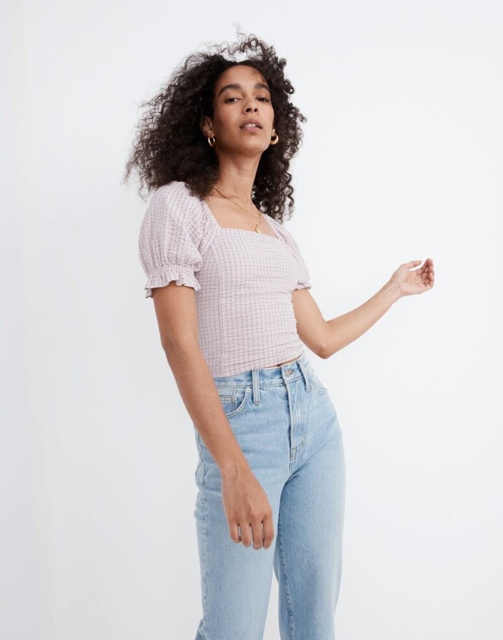 MADEWELL Seersucker Hopewell Puff-Sleeve Crop Top Womens Plaid Mauve Blouse XS